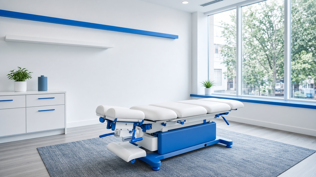 Bright treatment room with adjustable chiropractic table at Peak Performance Chiropractic