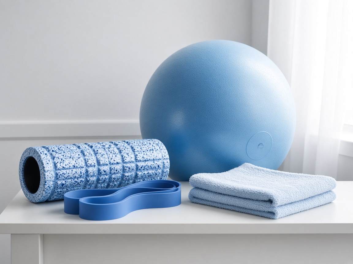Recovery tools arranged on a clinic bench - foam roller, band, and stability ball